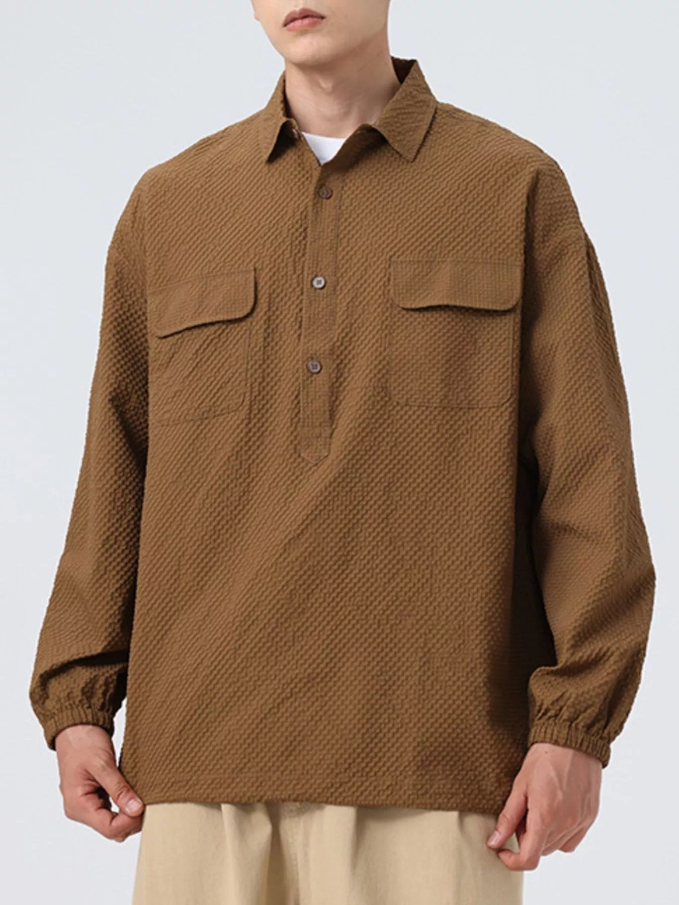Men's Plus Size Button Detail Textured Relaxed Fit Polo