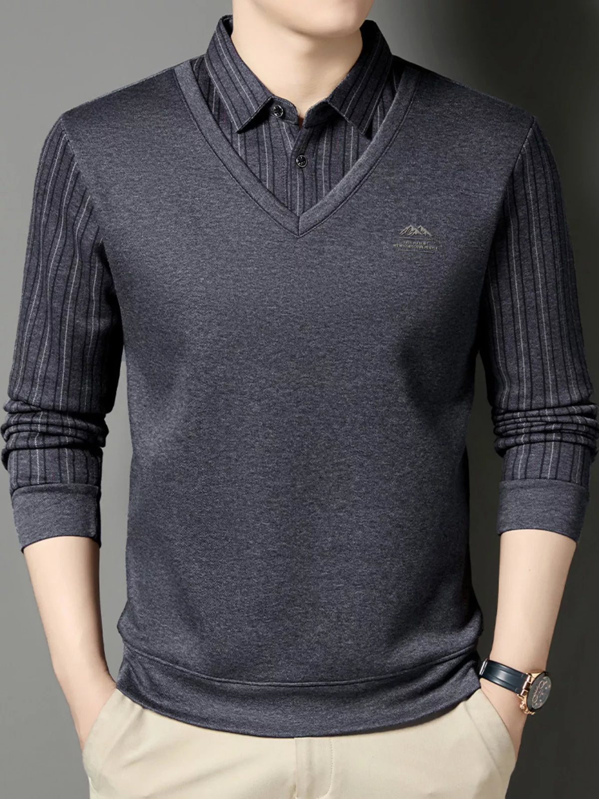 Men's Plus Size Striped Long Sleeve Polo