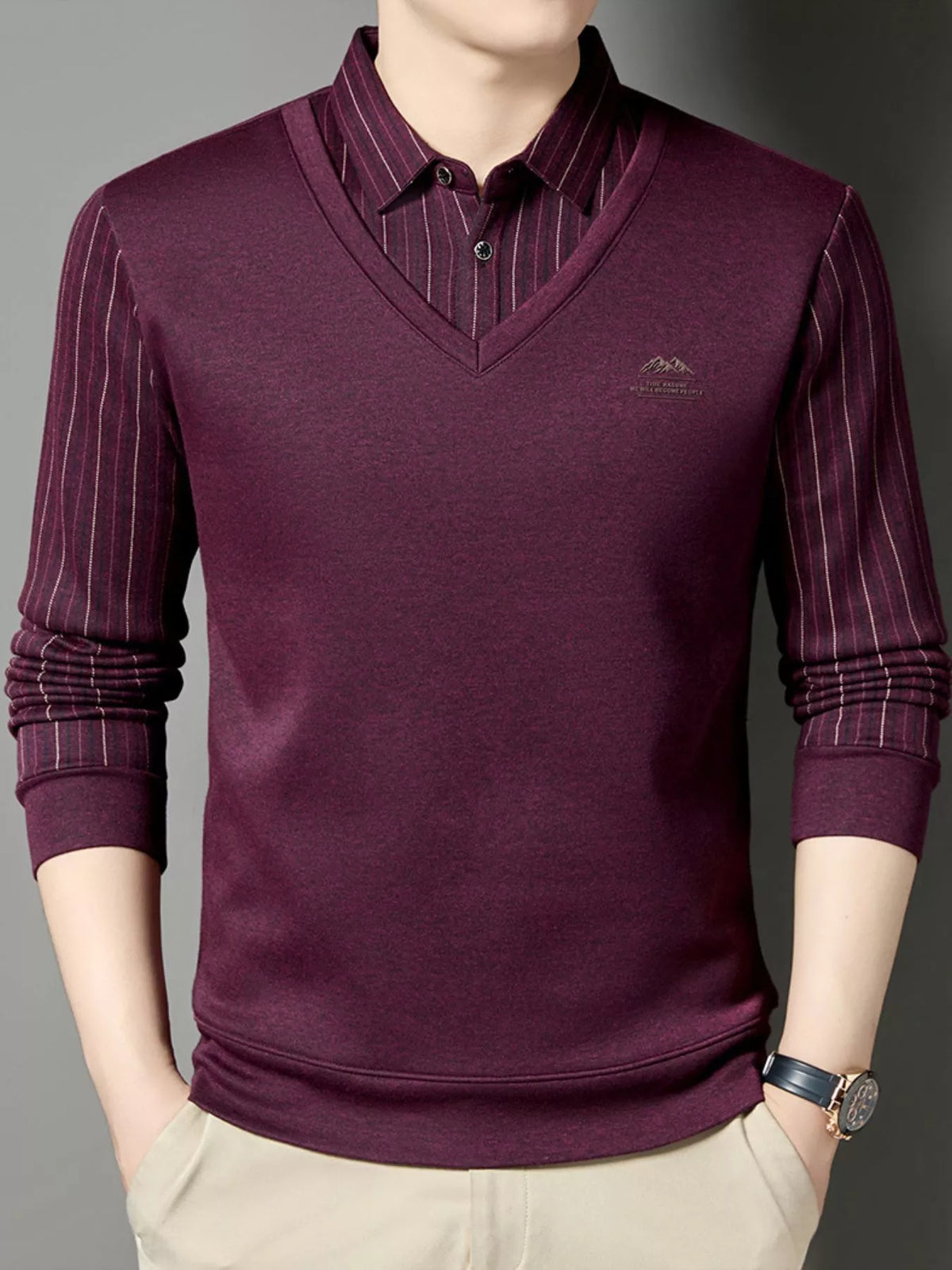 Men's Plus Size Striped Long Sleeve Polo