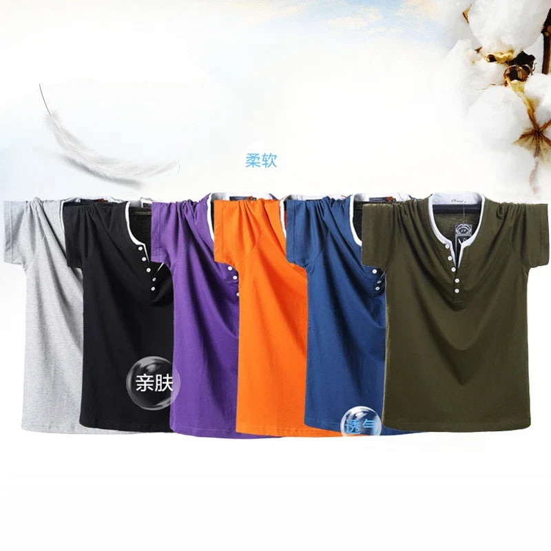 7XL 8XL Plus Size T-shirt Men 2021 Summer Short Sleeve Tshirt Cotton Casual Solid Color Button Tops Tees for Fat Male Big Size