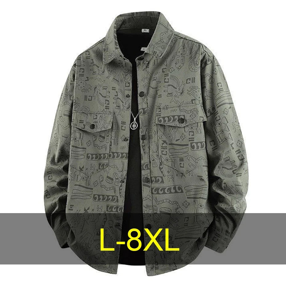 Graffiti Shirts Men Spring Autumn Long Sleeve Shirt Plus Size 8XL Fashion Casual Shirts Jackets Male Big Size 8XL