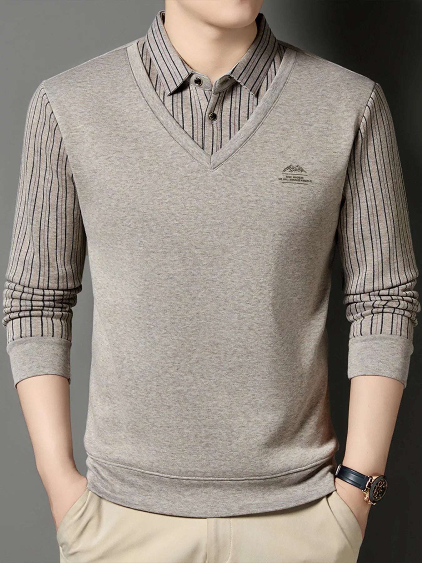 Men's Plus Size Striped Long Sleeve Polo