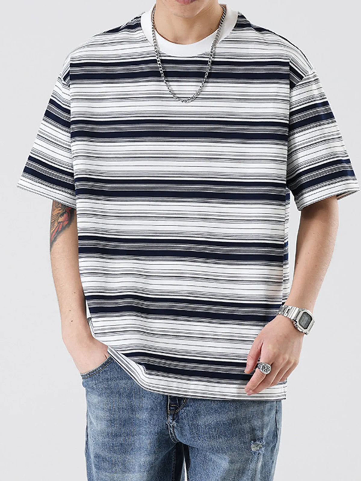 Men's Plus Size Relaxed Fit Striped Crew Neck T-Shirt