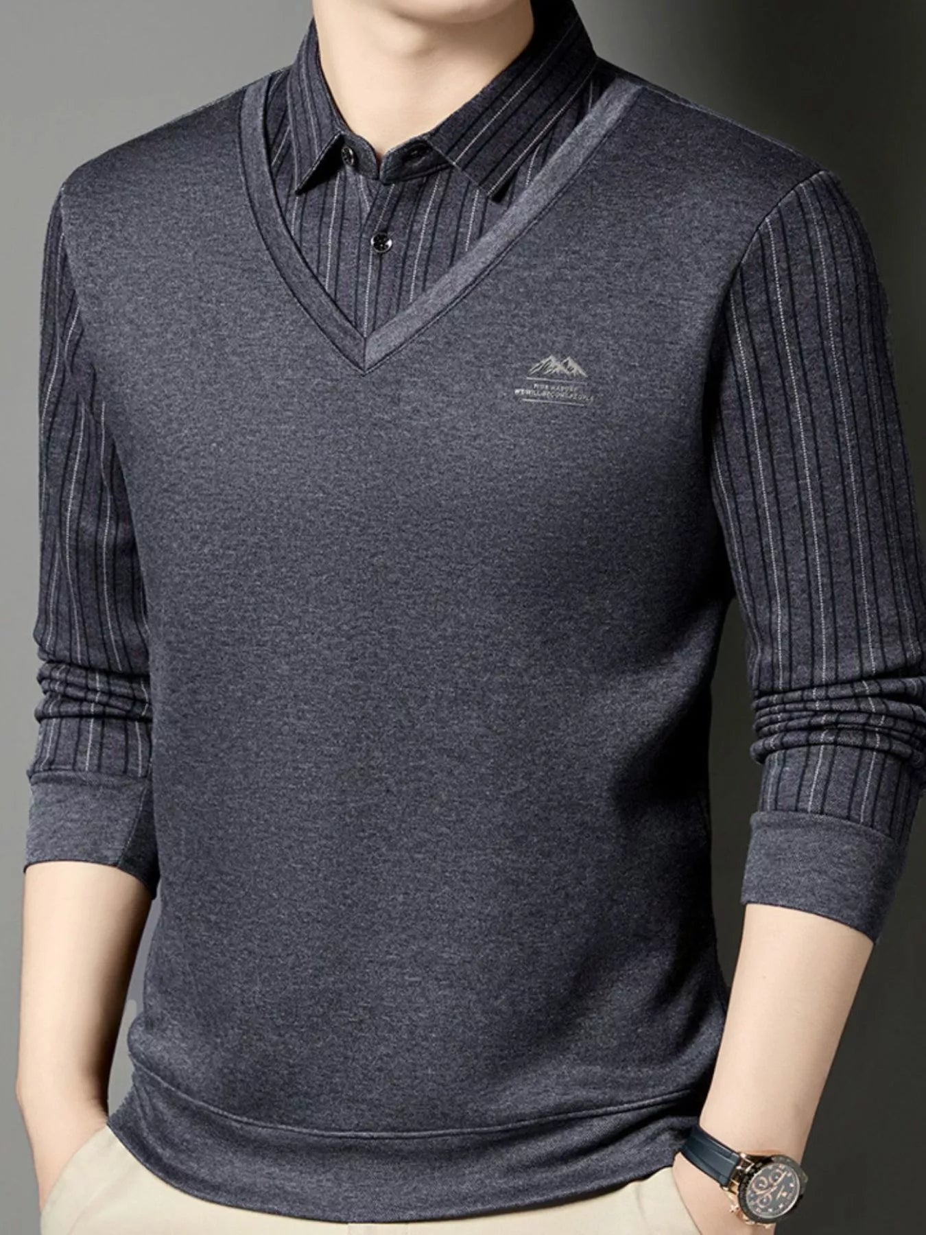 Men's Plus Size Striped Long Sleeve Polo